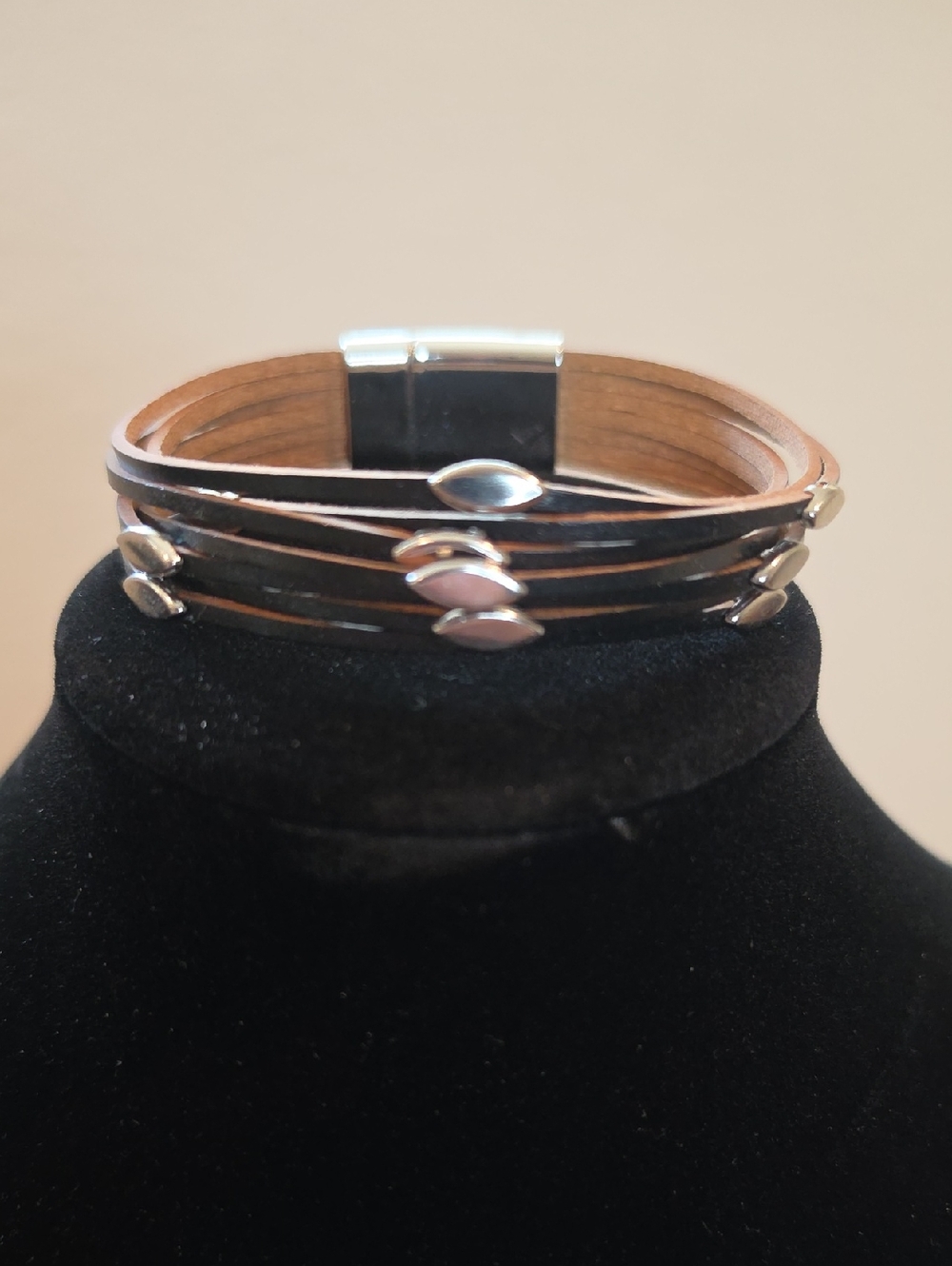 Multi-Strand Black Leather Bracelet with Silver Accents